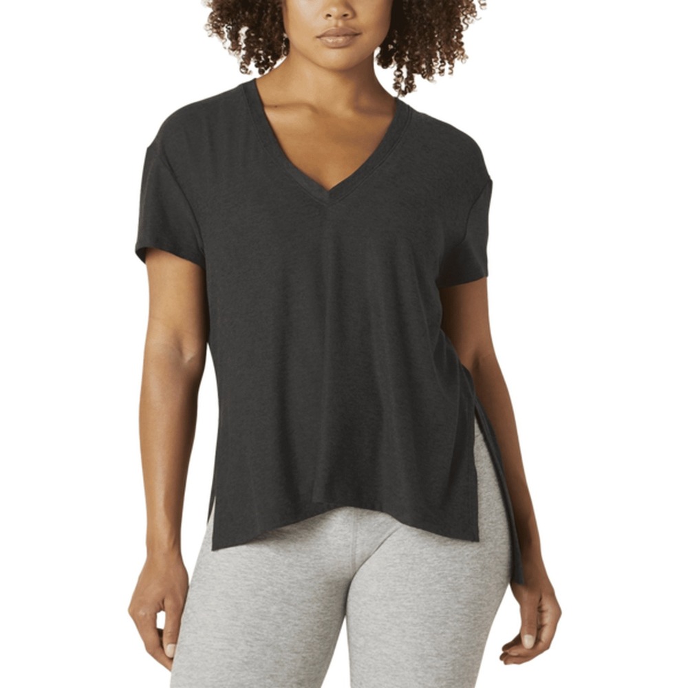 Beyond Yoga Split Up Long Tee Black V-Neck Side Slit Relaxed‎ Top XL Made in USA